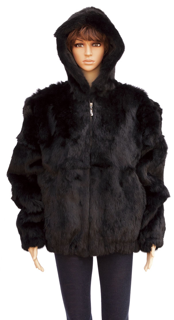 Winter Fur Ladies Black Full Skin Rabbit Jacket With Detachable Hood W05S04BK